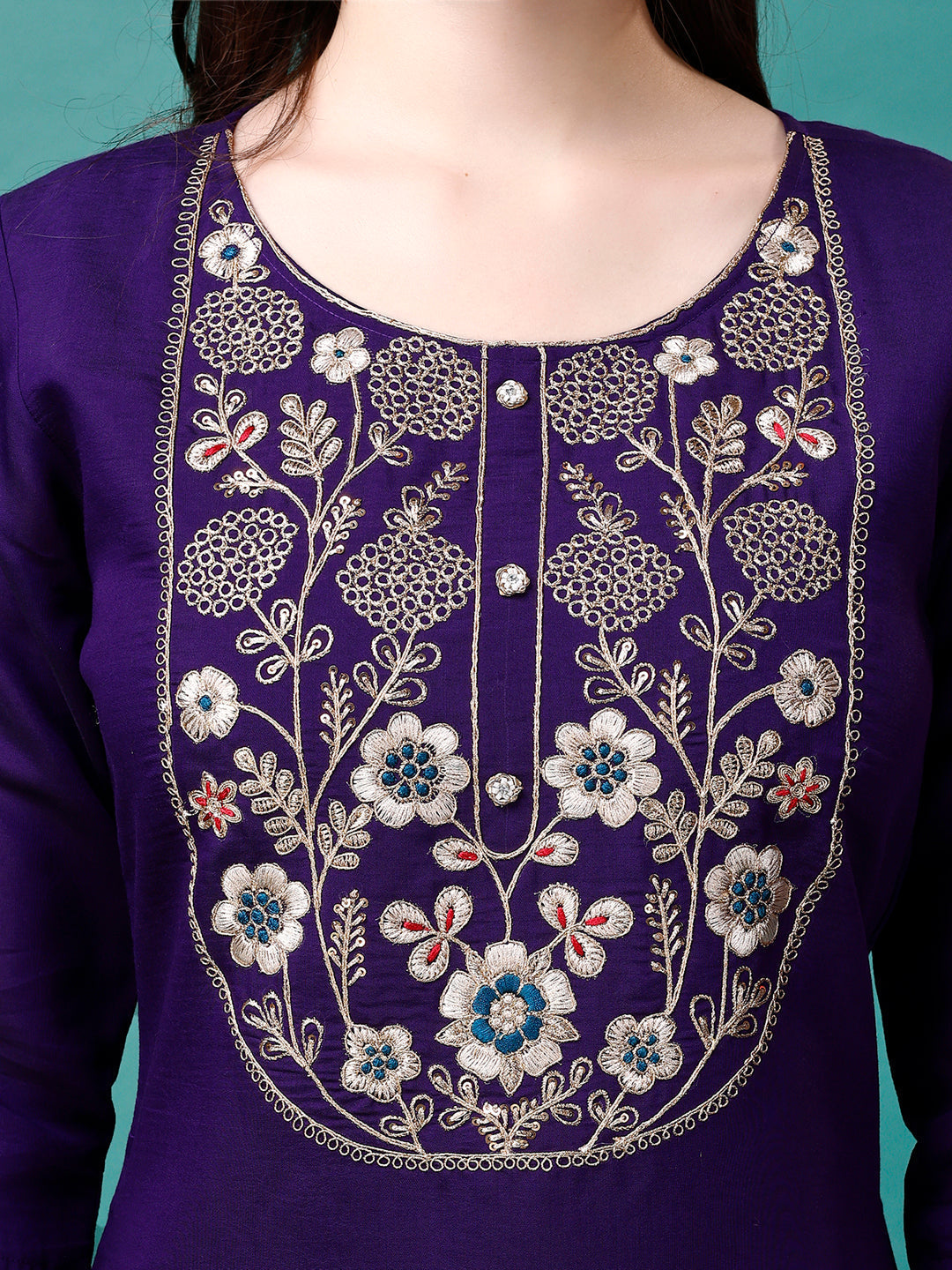 Embroidered Kurta With Pant & Sequined Dupatta, Multicolor - Hiral Fashion