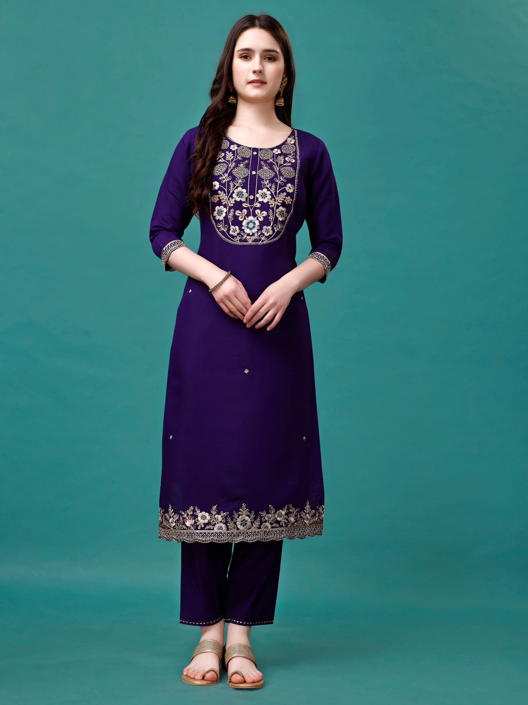 Embroidered Kurta With Pant & Sequined Dupatta, Multicolor - Hiral Fashion