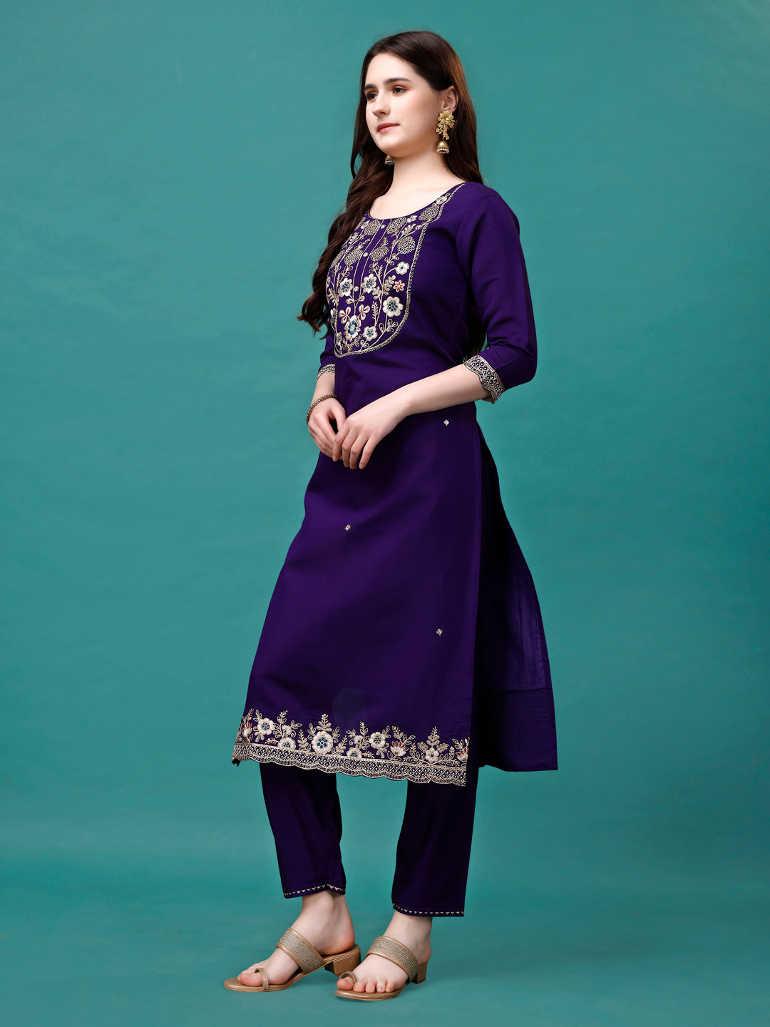 Embroidered Kurta With Pant & Sequined Dupatta, Multicolor - Hiral Fashion