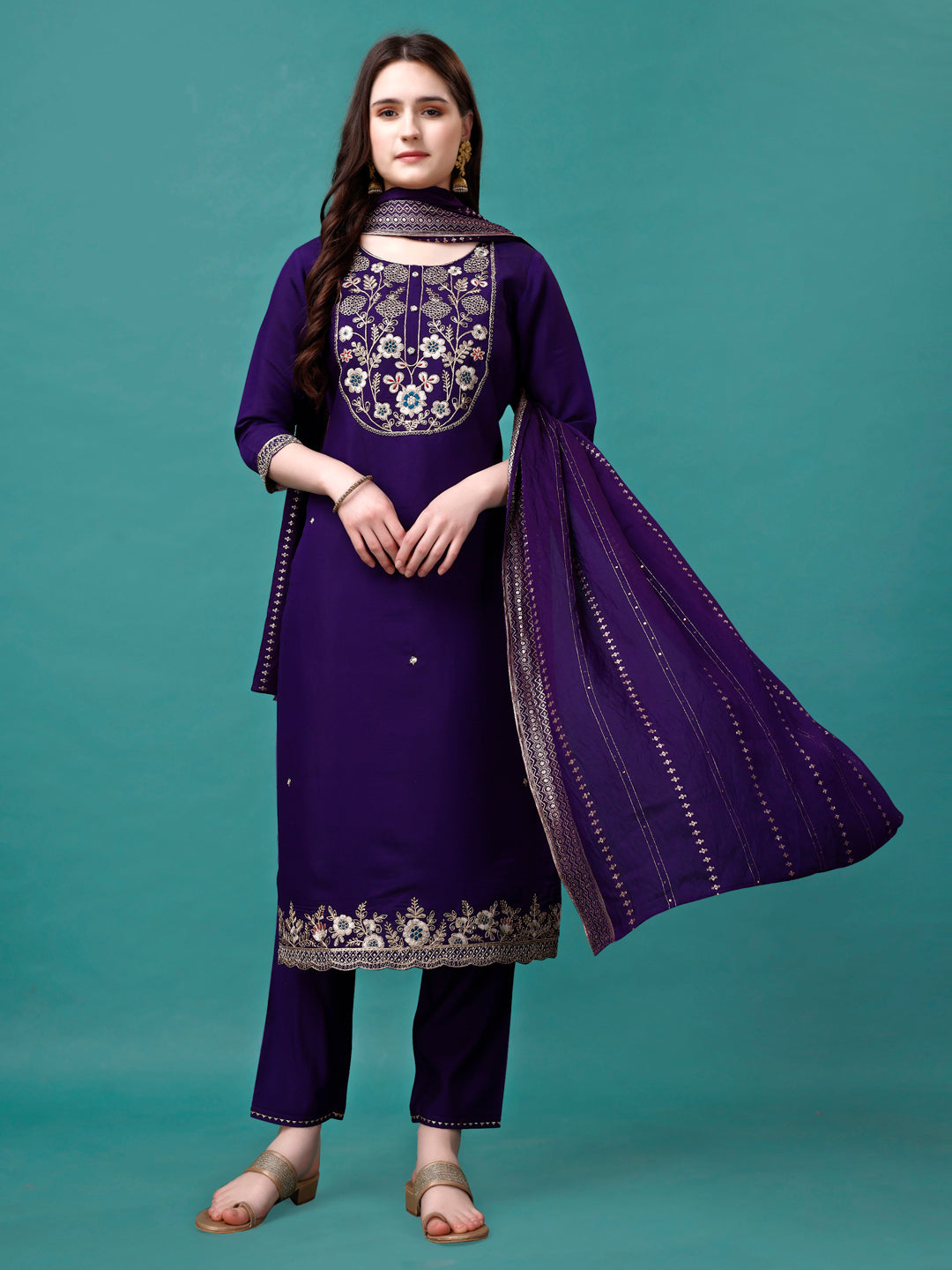 Embroidered Kurta With Pant & Sequined Dupatta, Multicolor - Hiral Fashion