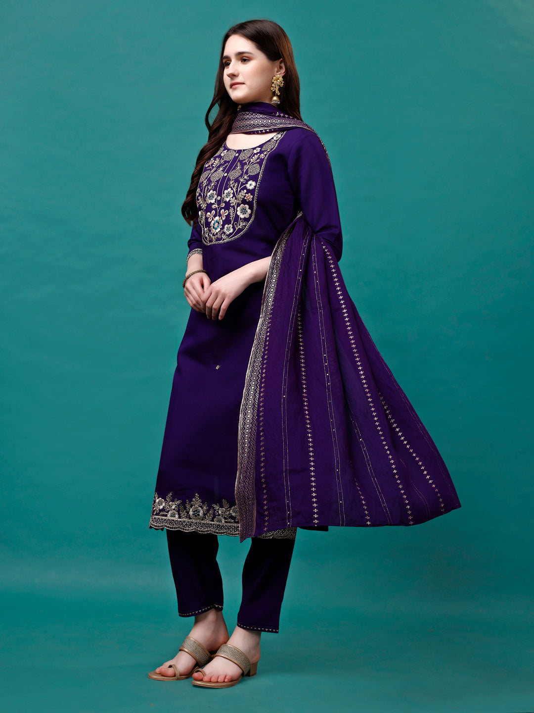 Embroidered Kurta With Pant & Sequined Dupatta, Multicolor - Hiral Fashion