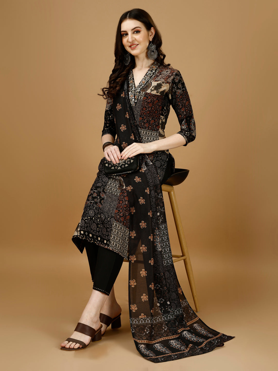 Hand Embroidered & Printed Kurta With Pant & Dupatta, Multicolor - Hiral Fashion