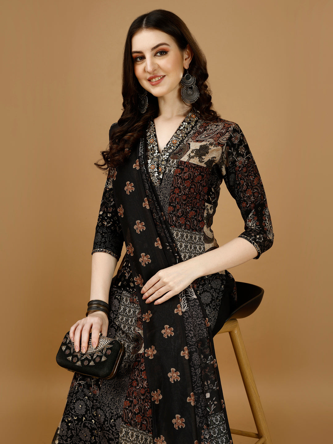 Hand Embroidered & Printed Kurta With Pant & Dupatta, Multicolor - Hiral Fashion