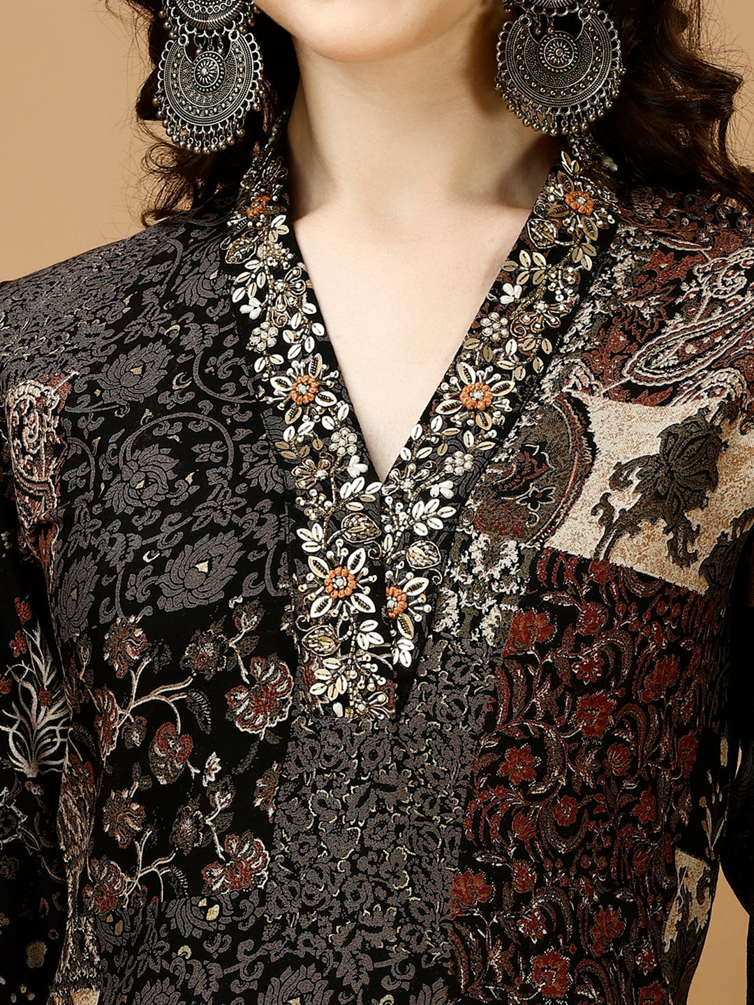 Hand Embroidered & Printed Kurta With Pant & Dupatta, Multicolor - Hiral Fashion