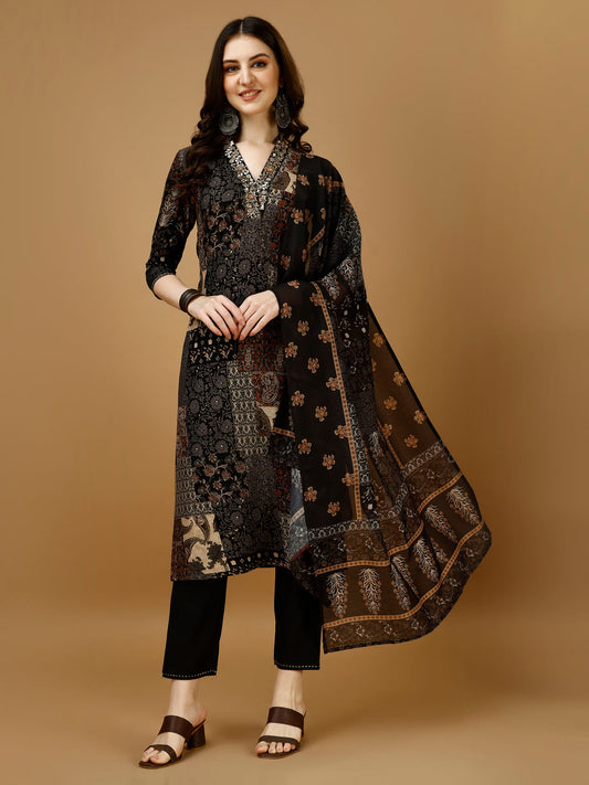 Hand Embroidered & Printed Kurta With Pant & Dupatta, Multicolor - Hiral Fashion