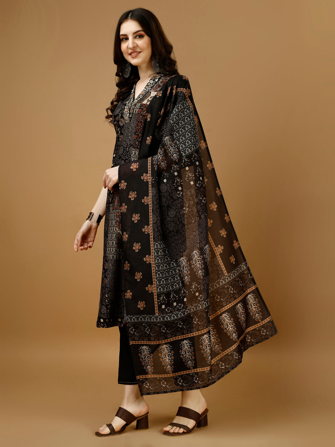 Hand Embroidered & Printed Kurta With Pant & Dupatta, Multicolor - Hiral Fashion