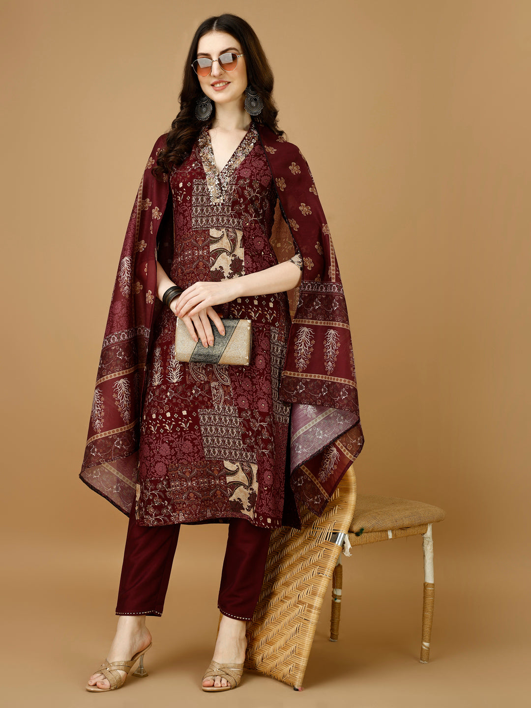 Hand Embroidered & Printed Kurta With Pant & Dupatta, Multicolor - Hiral Fashion
