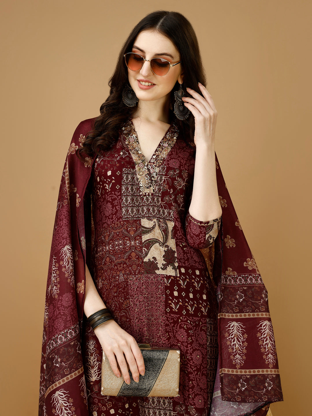 Hand Embroidered & Printed Kurta With Pant & Dupatta, Multicolor - Hiral Fashion