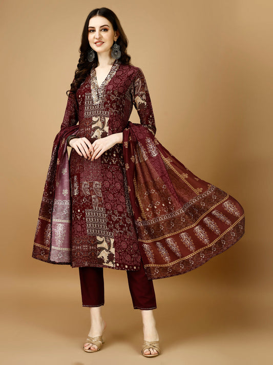 Hand Embroidered & Printed Kurta With Pant & Dupatta, Multicolor - Hiral Fashion