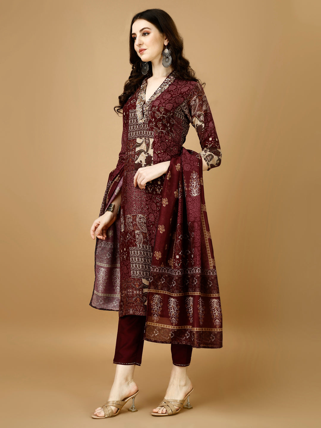 Hand Embroidered & Printed Kurta With Pant & Dupatta, Multicolor - Hiral Fashion