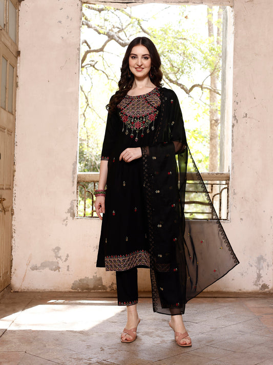 Embroidered Kurta With Pant & Organza Embroidered Dupatta Premium, Multicolor - Hiral Fashion
