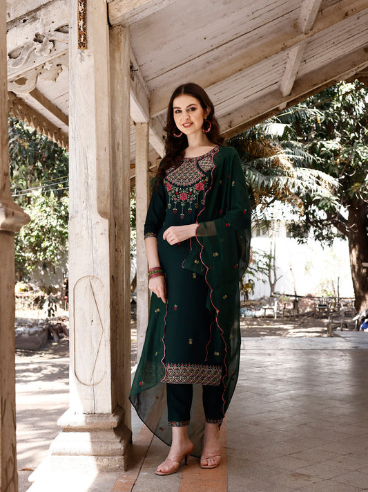Embroidered Kurta With Pant & Organza Embroidered Dupatta Premium, Multicolor - Hiral Fashion