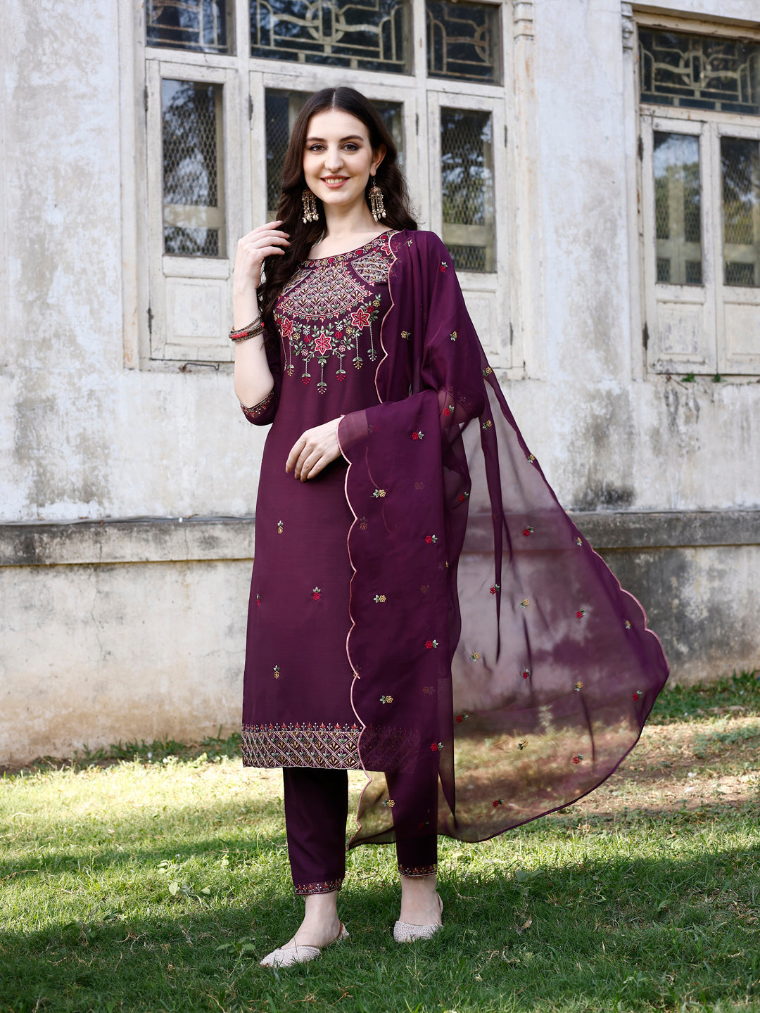 Embroidered Kurta With Pant & Organza Embroidered Dupatta Premium, Multicolor - Hiral Fashion