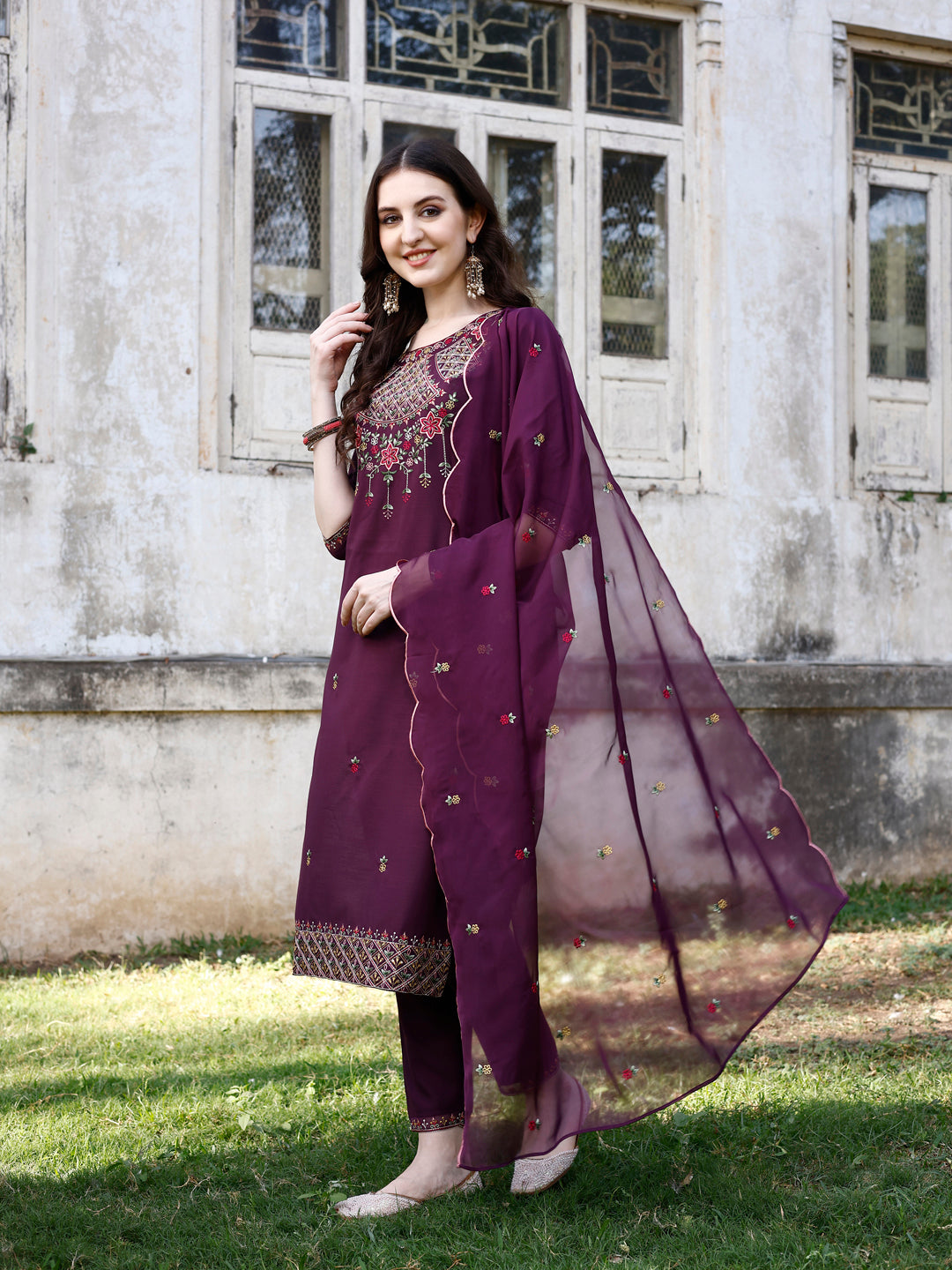 Embroidered Kurta With Pant & Organza Embroidered Dupatta Premium, Multicolor - Hiral Fashion