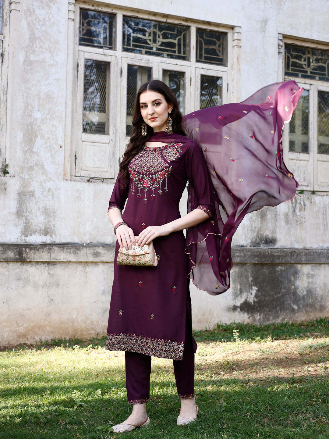 Embroidered Kurta With Pant & Organza Embroidered Dupatta Premium, Multicolor - Hiral Fashion