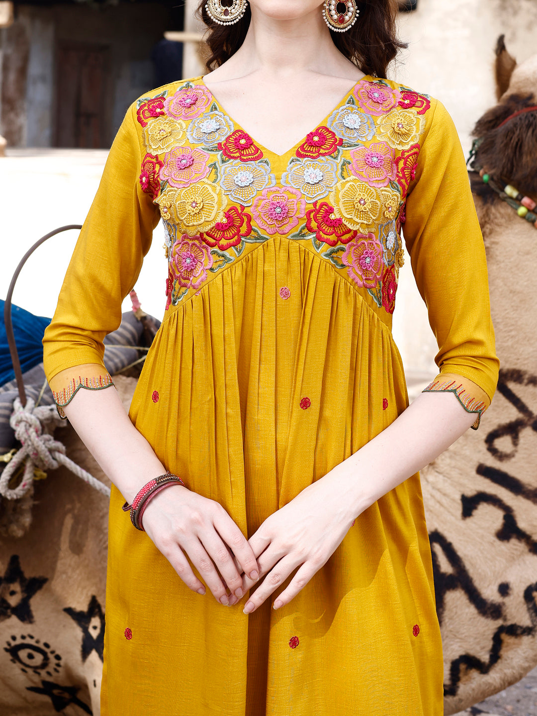 Alia Cut Hand Embroidered & Floral Embroidered Kurta With Pant & Organza Embroidered Dupatta Luxury Premium, Mustard - Hiral Fashion
