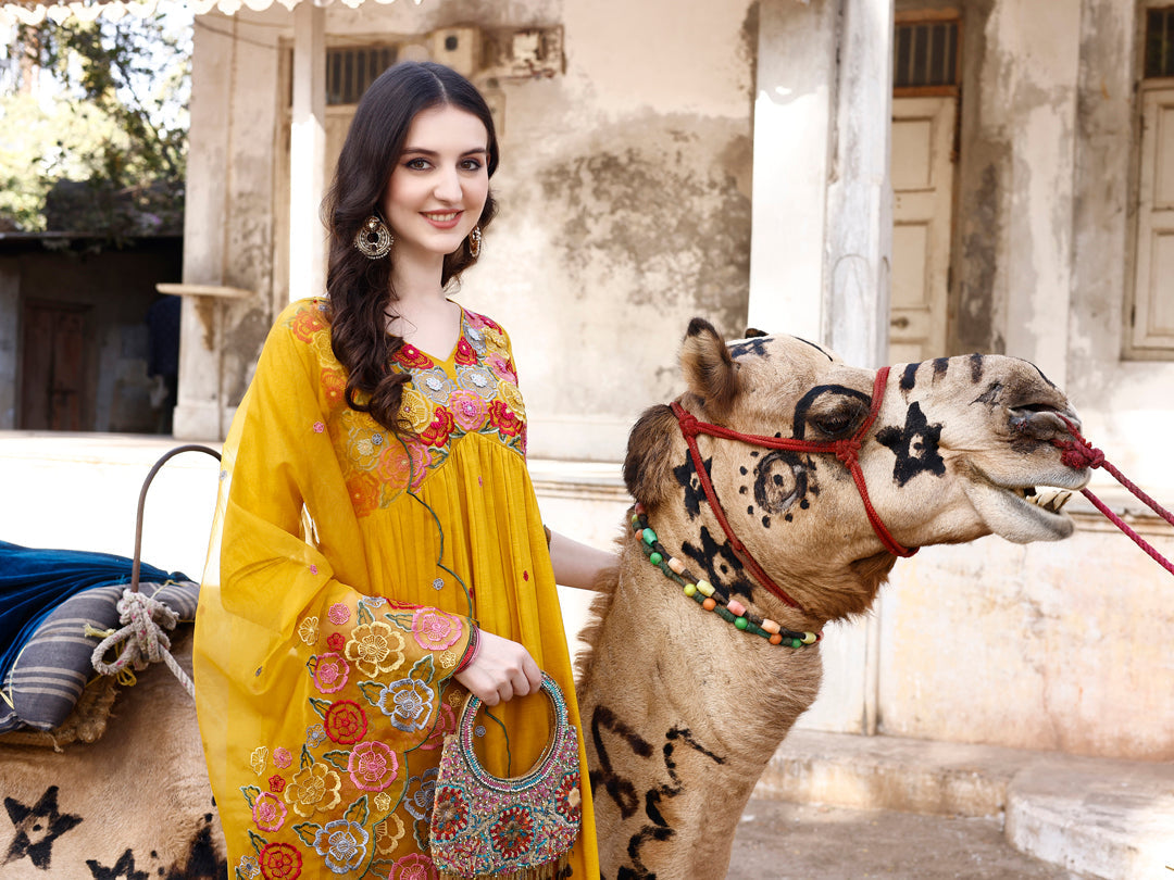 Alia Cut Hand Embroidered & Floral Embroidered Kurta With Pant & Organza Embroidered Dupatta Luxury Premium, Mustard - Hiral Fashion
