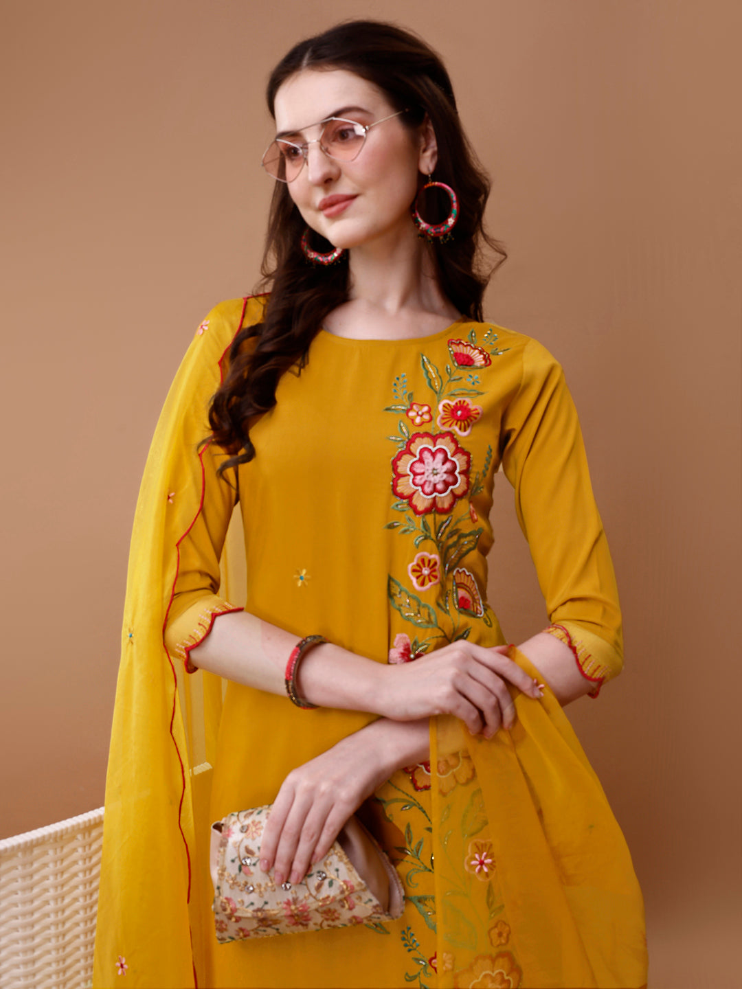 Hand Embroidered Kurta With Pant & Embroidered Organza Dupatta, Multicolor - Hiral Fashion