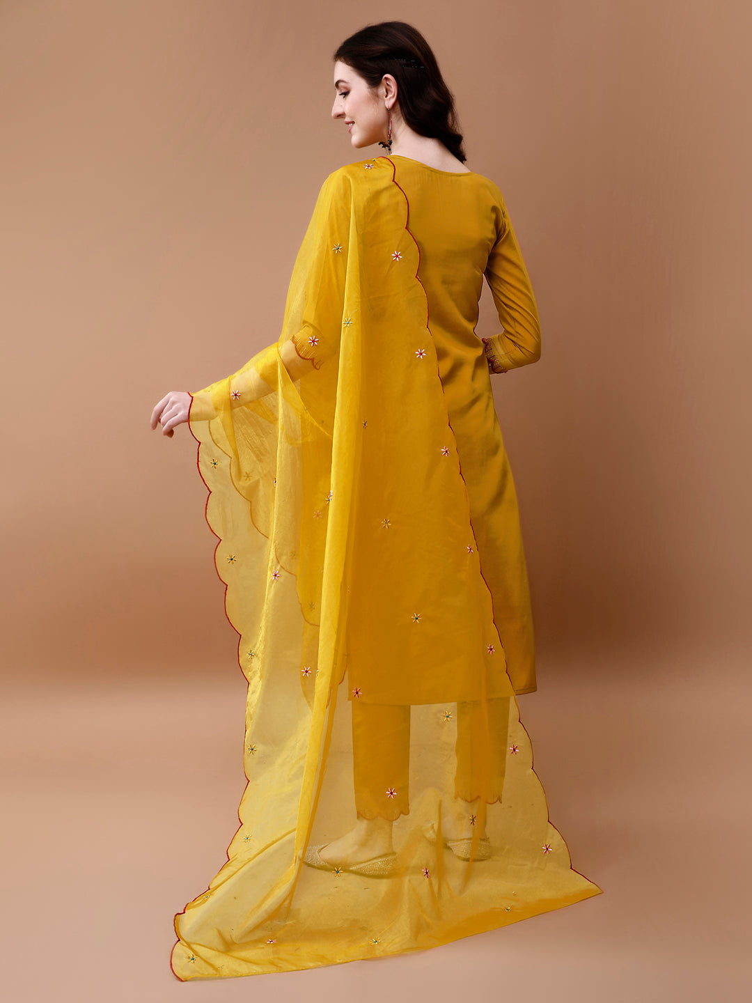Hand Embroidered Kurta With Pant & Embroidered Organza Dupatta, Multicolor - Hiral Fashion