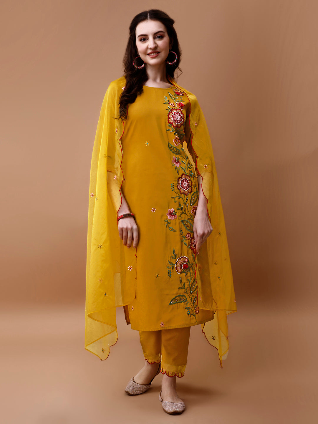 Hand Embroidered Kurta With Pant & Embroidered Organza Dupatta, Multicolor - Hiral Fashion