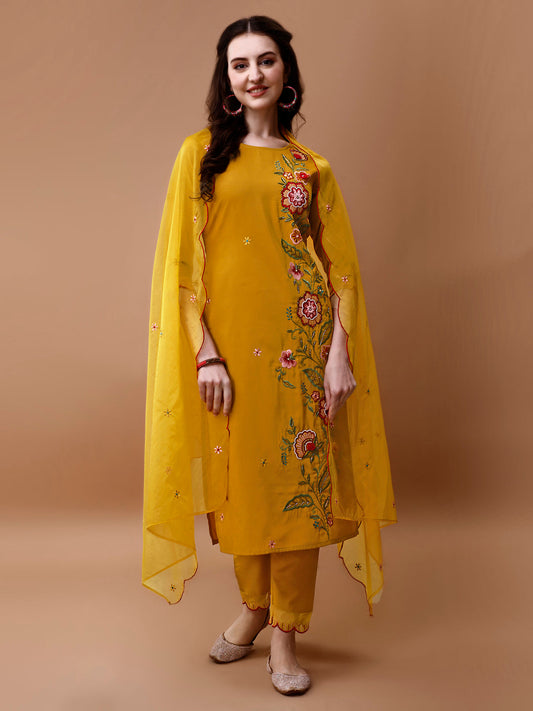 Hand Embroidered Kurta With Pant & Embroidered Organza Dupatta, Multicolor - Hiral Fashion