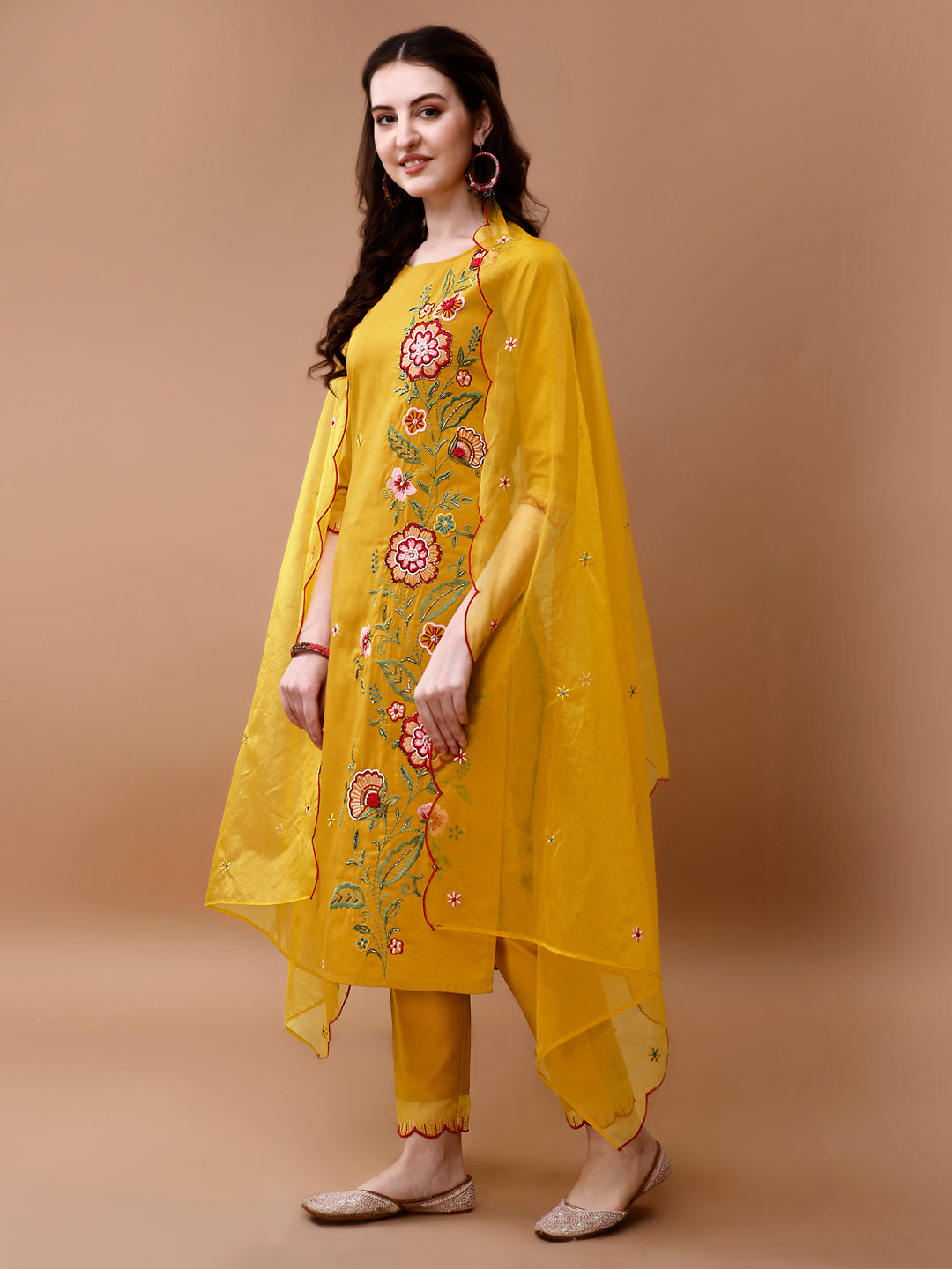 Hand Embroidered Kurta With Pant & Embroidered Organza Dupatta, Multicolor - Hiral Fashion