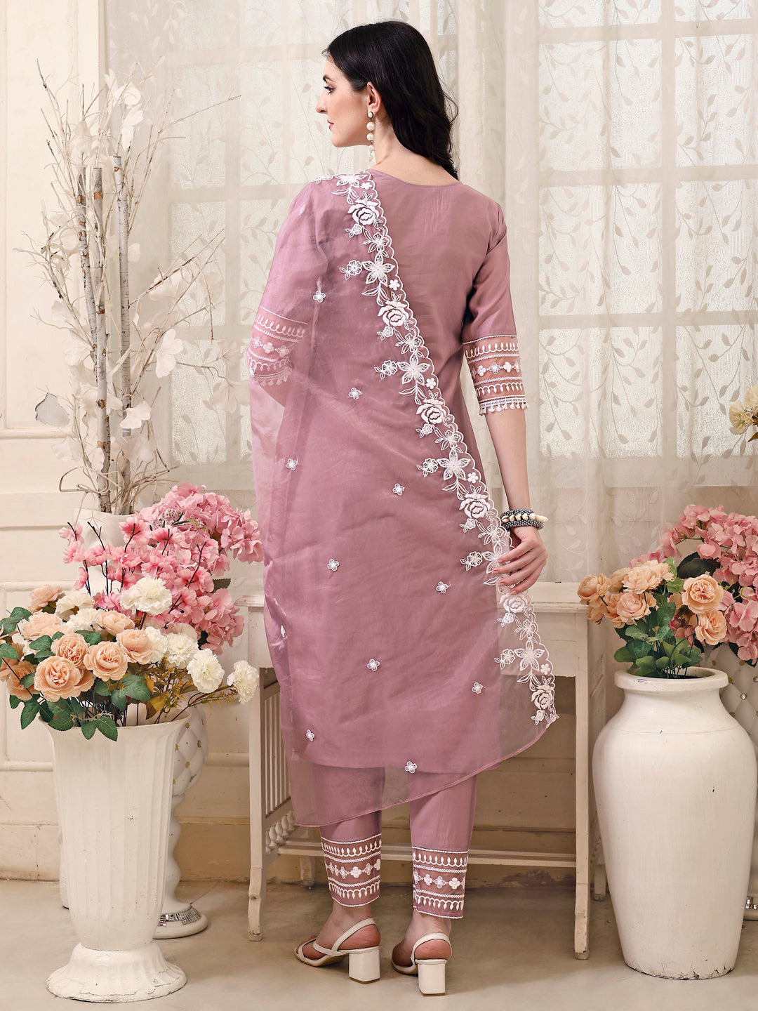 Pakistani Embroidered Kurta With Pant & Embroidered Dupatta, Multicolor - Hiral Fashion