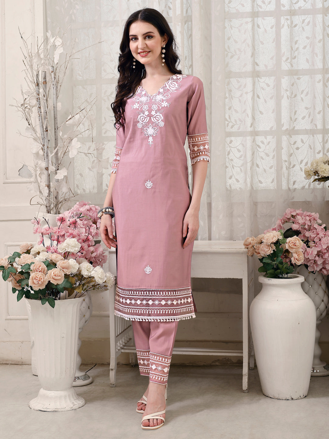 Pakistani Embroidered Kurta With Pant & Embroidered Dupatta, Multicolor - Hiral Fashion