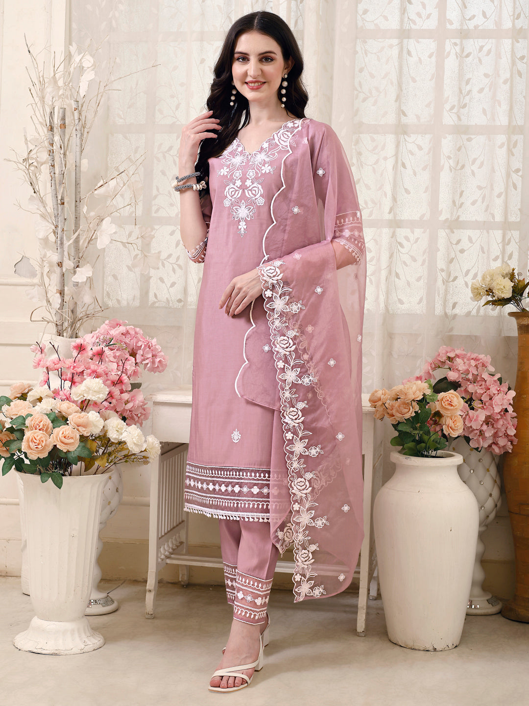 Pakistani Embroidered Kurta With Pant & Embroidered Dupatta, Multicolor - Hiral Fashion