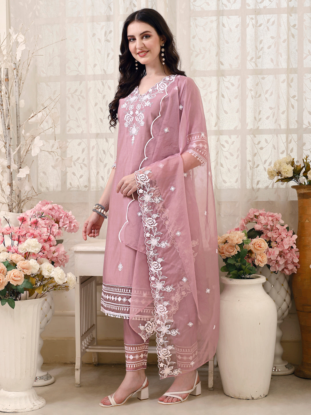 Pakistani Embroidered Kurta With Pant & Embroidered Dupatta, Multicolor - Hiral Fashion