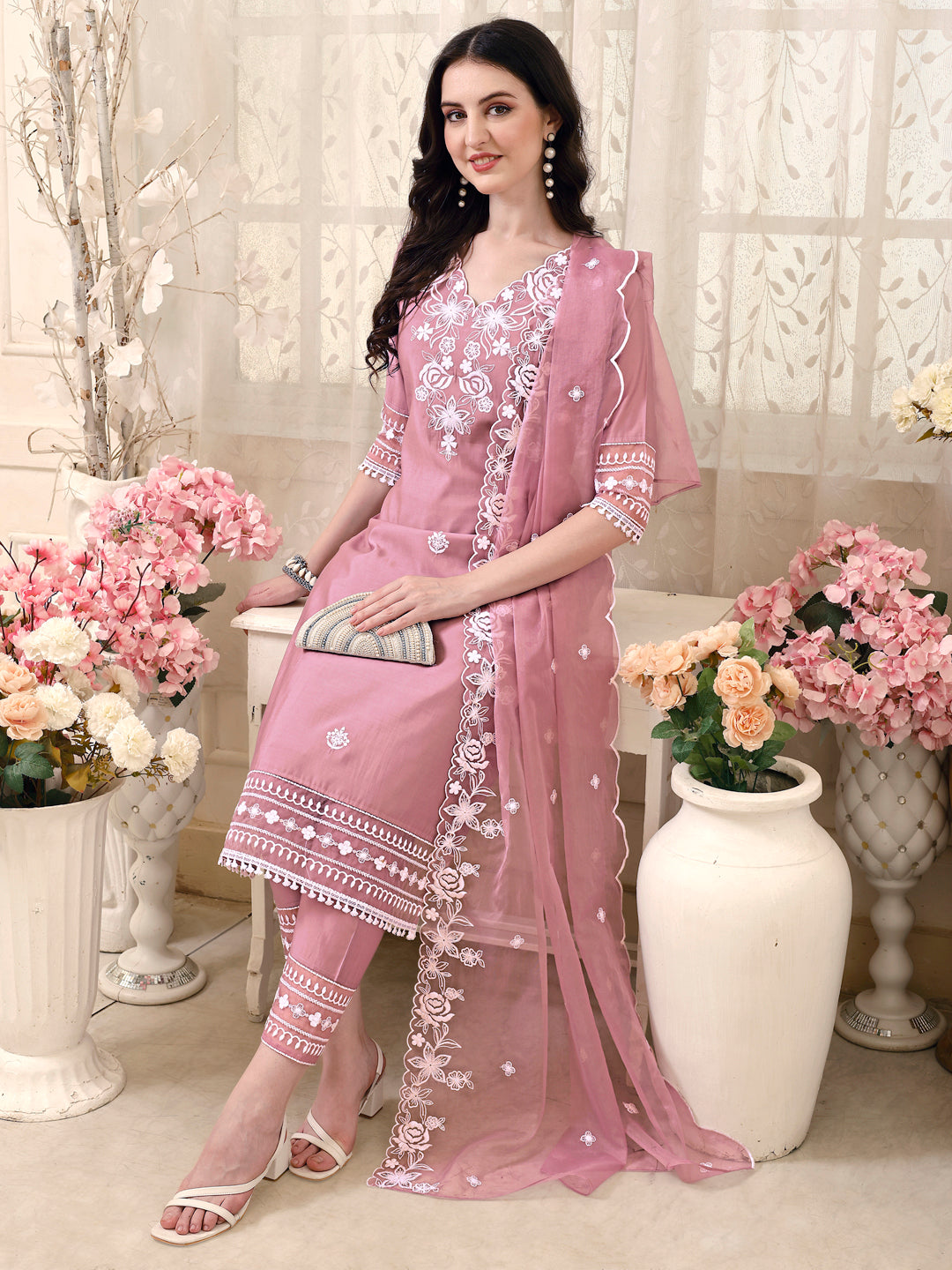 Pakistani Embroidered Kurta With Pant & Embroidered Dupatta, Multicolor - Hiral Fashion