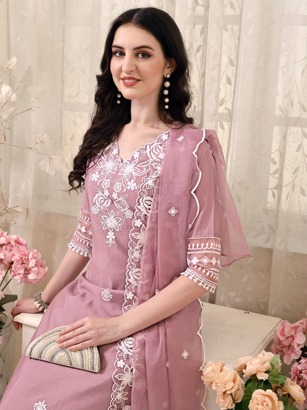 Pakistani Embroidered Kurta With Pant & Embroidered Dupatta, Multicolor - Hiral Fashion