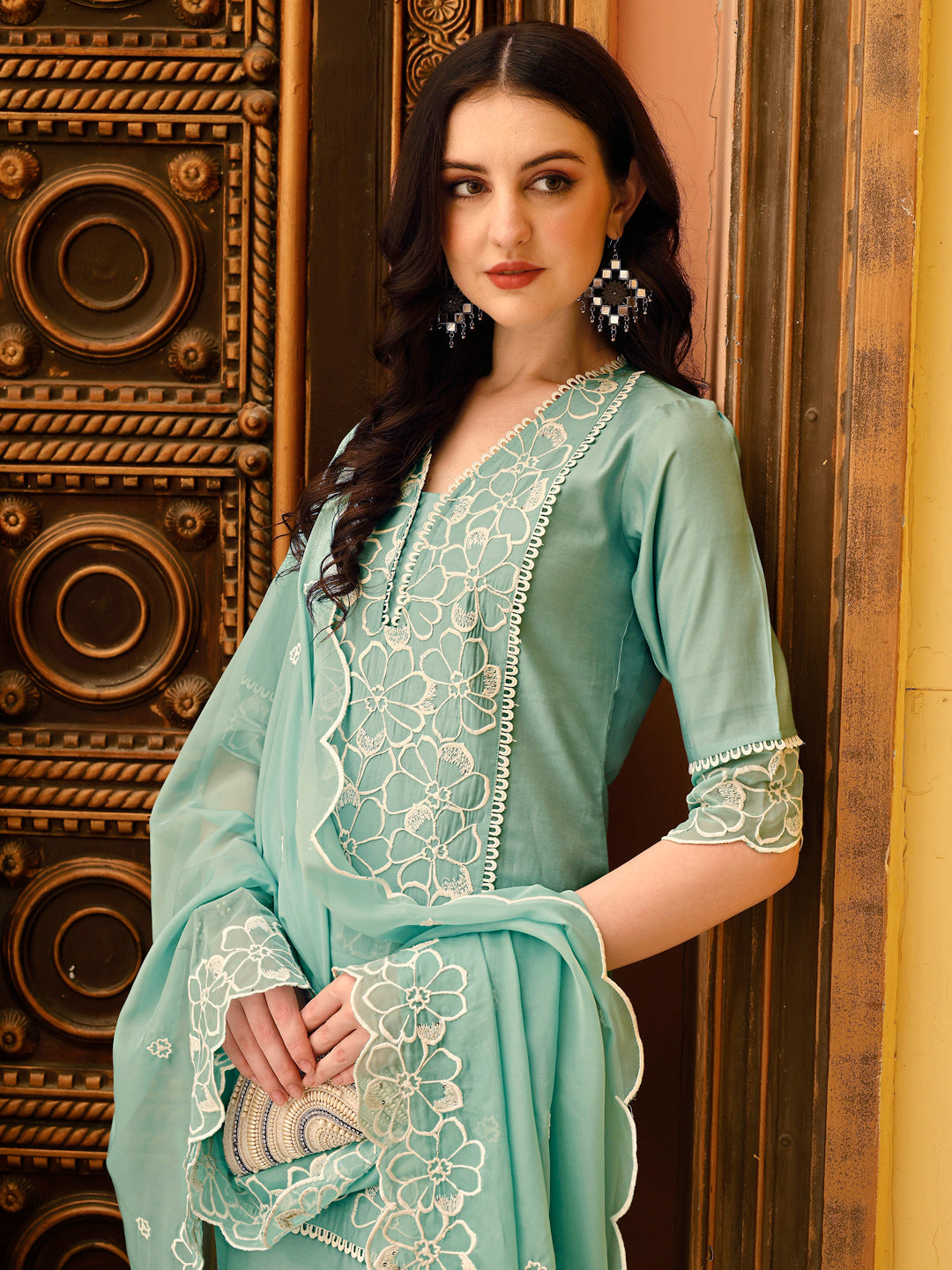 Pakistani Embroidered Kurta With Pant & Embroidered Dupatta, Green - Hiral Fashion