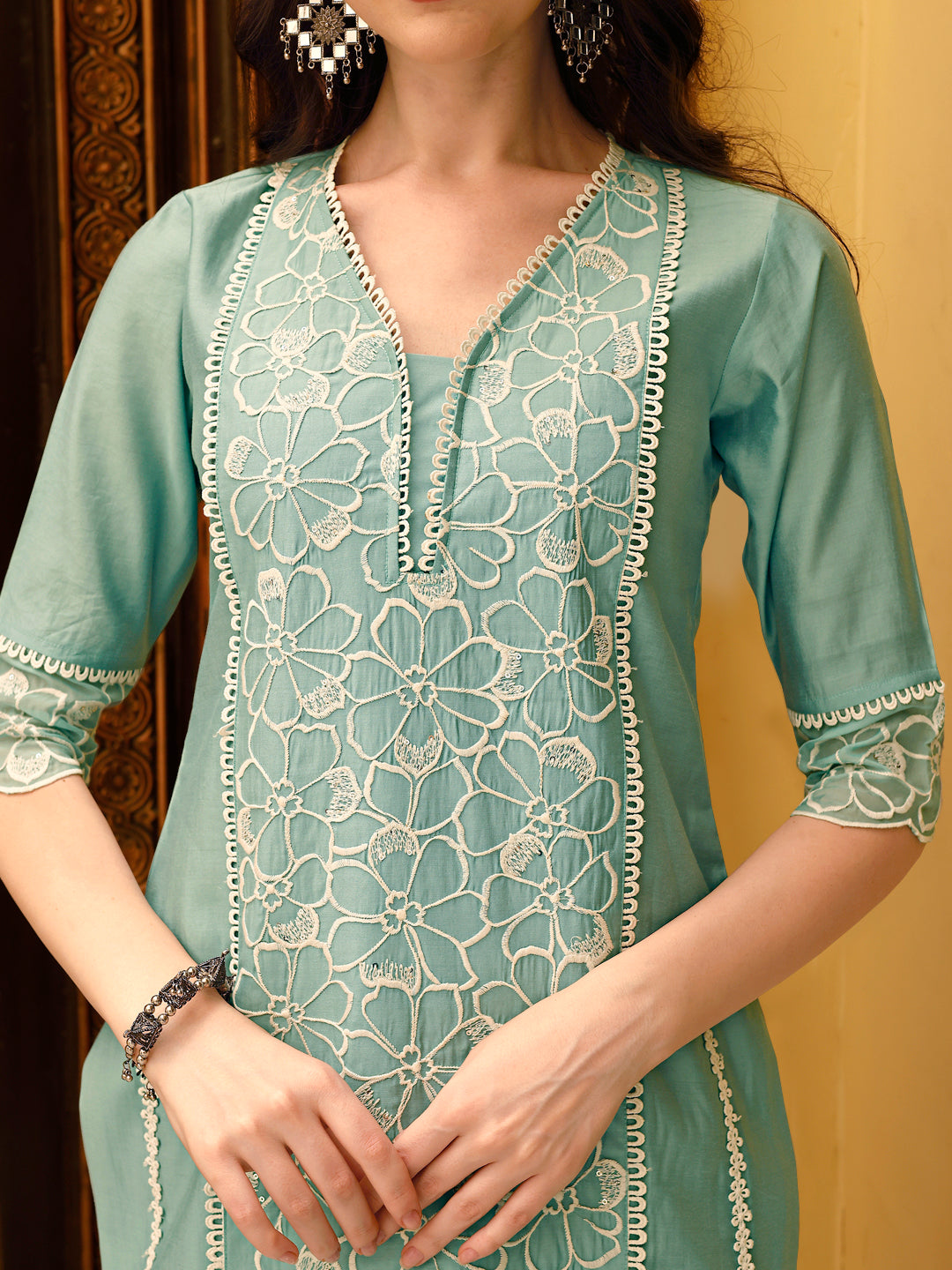 Pakistani Embroidered Kurta With Pant & Embroidered Dupatta, Green - Hiral Fashion