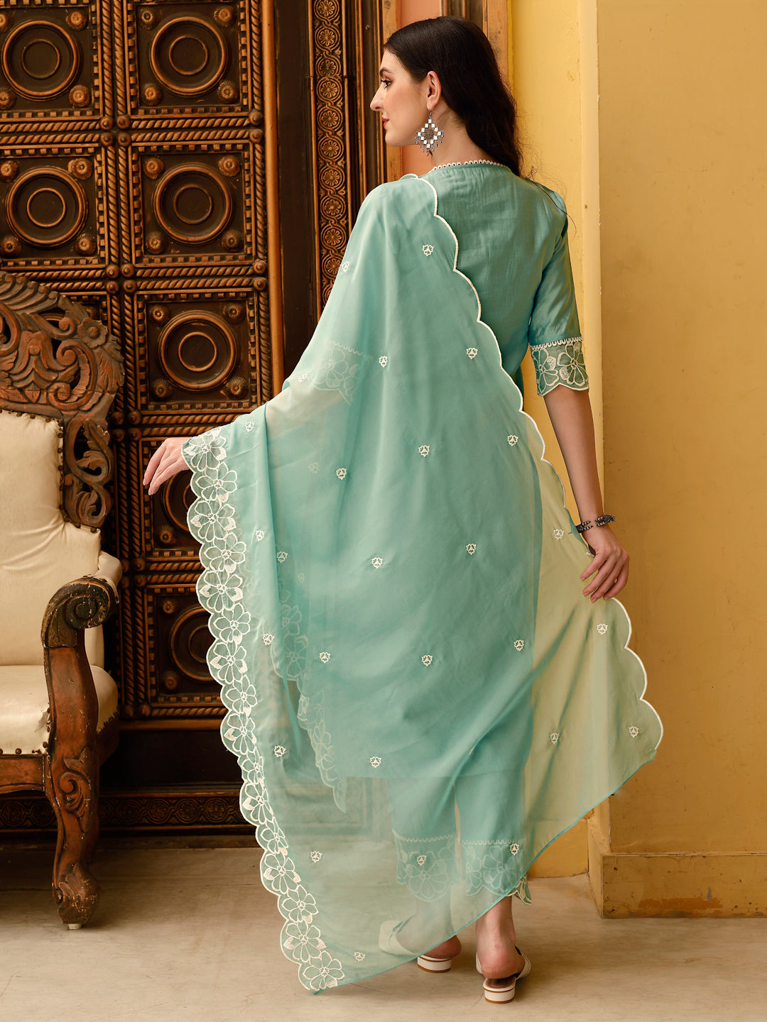 Pakistani Embroidered Kurta With Pant & Embroidered Dupatta, Green - Hiral Fashion