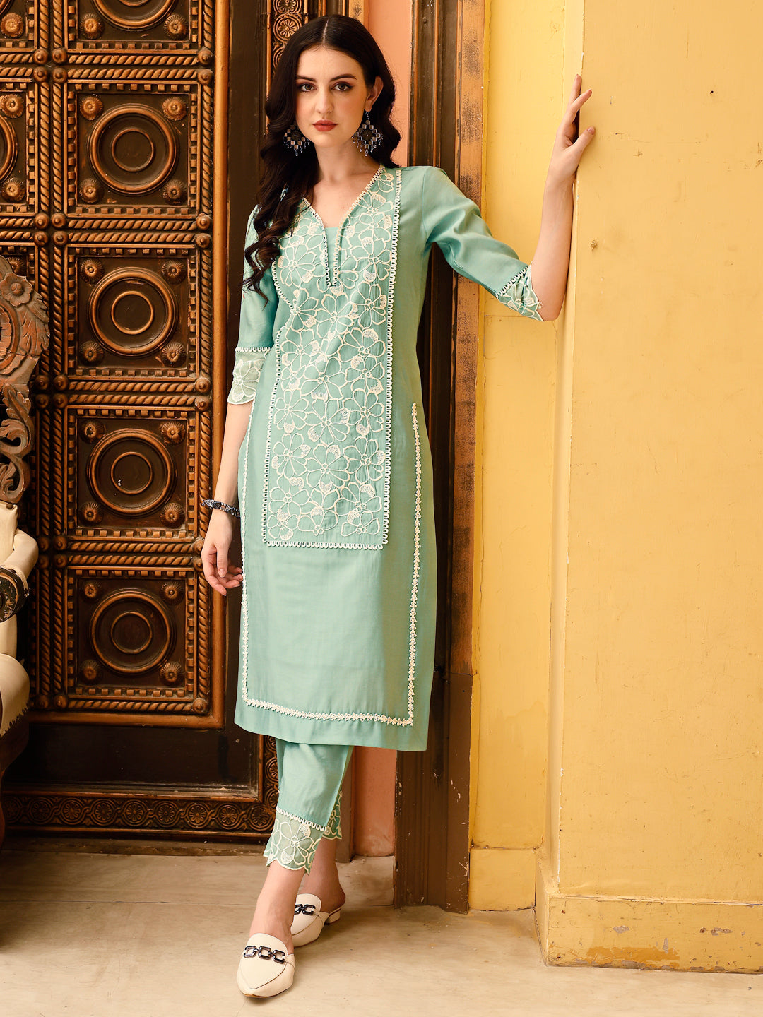 Pakistani Embroidered Kurta With Pant & Embroidered Dupatta, Green - Hiral Fashion