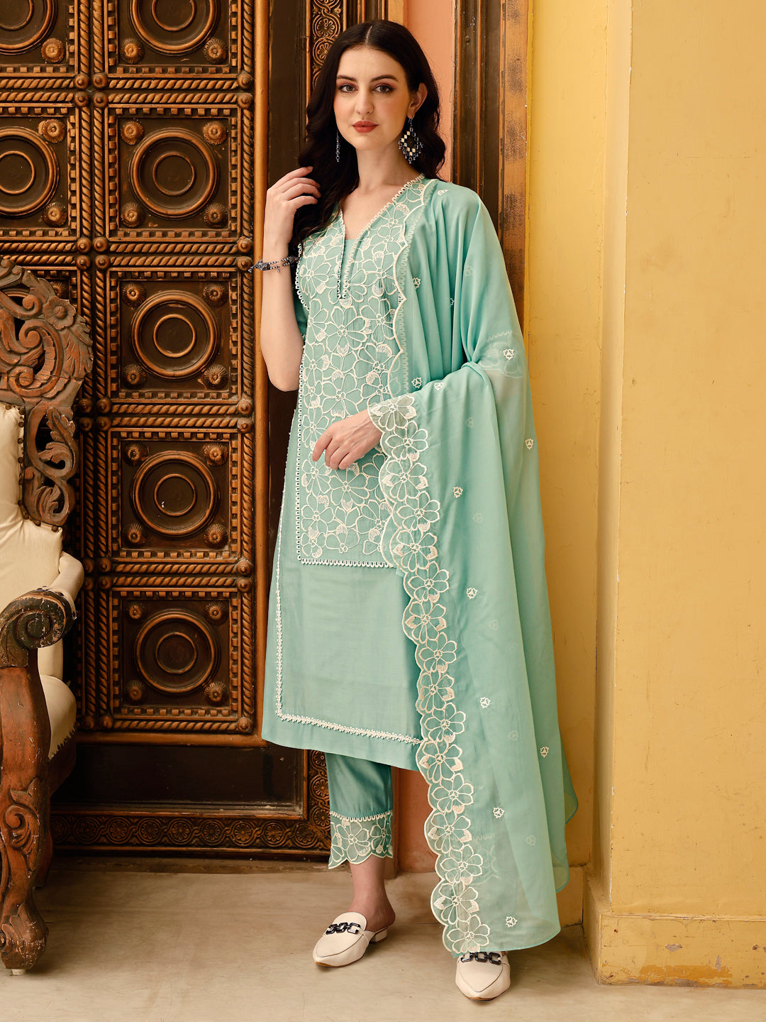 Pakistani Embroidered Kurta With Pant & Embroidered Dupatta, Green - Hiral Fashion