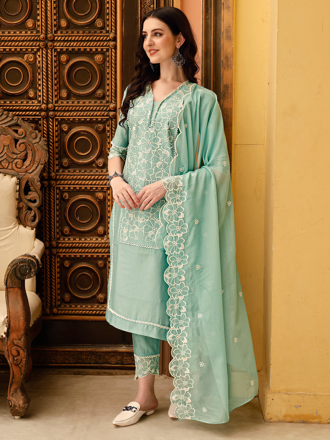 Pakistani Embroidered Kurta With Pant & Embroidered Dupatta, Green - Hiral Fashion