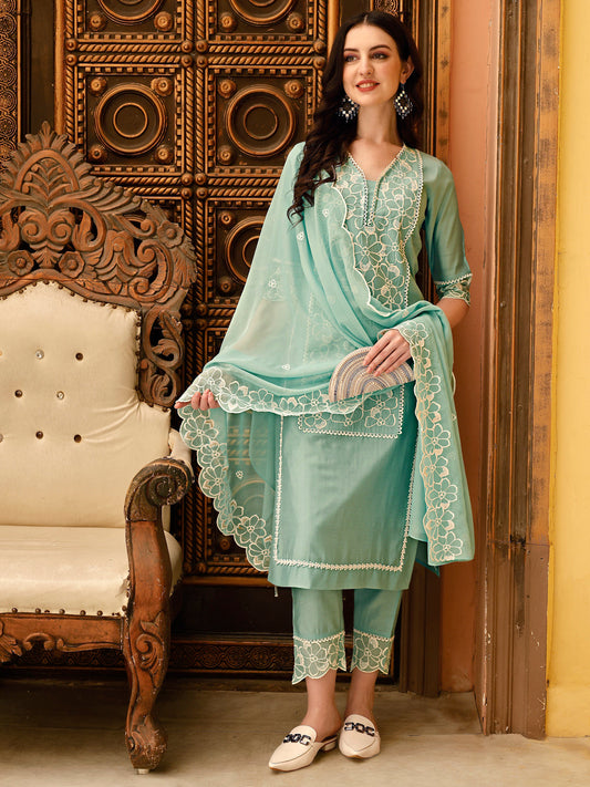 Pakistani Embroidered Kurta With Pant & Embroidered Dupatta, Green - Hiral Fashion