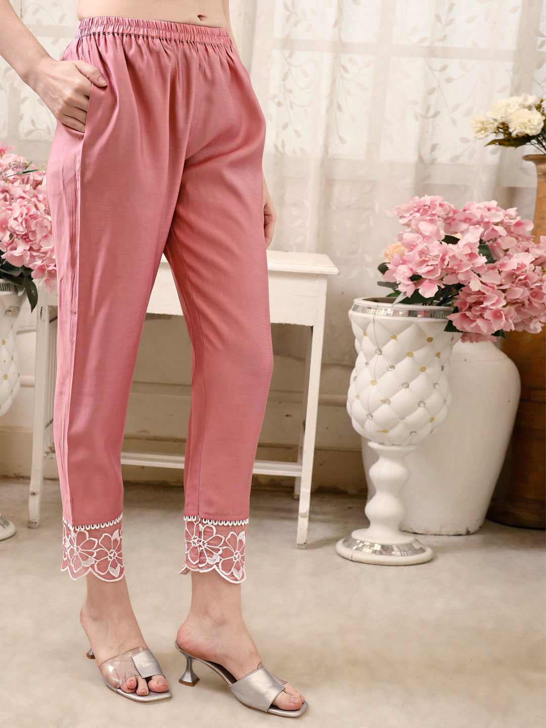 Pakistani Embroidered Kurta With Pant & Embroidered Dupatta, Peach - Hiral Fashion