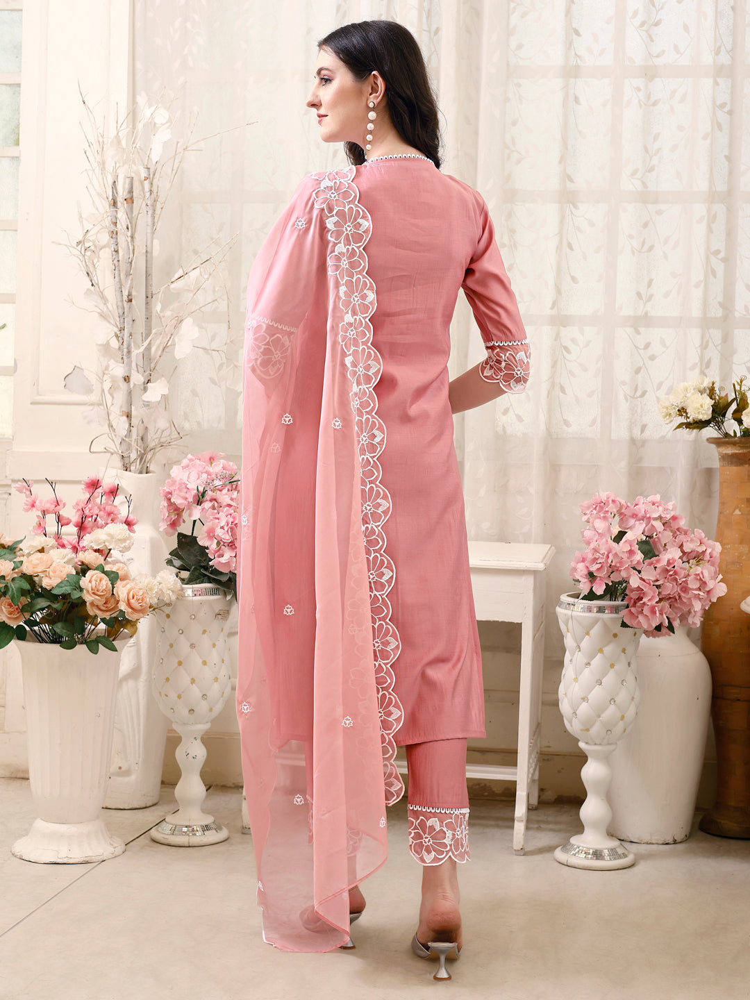 Pakistani Embroidered Kurta With Pant & Embroidered Dupatta, Peach - Hiral Fashion