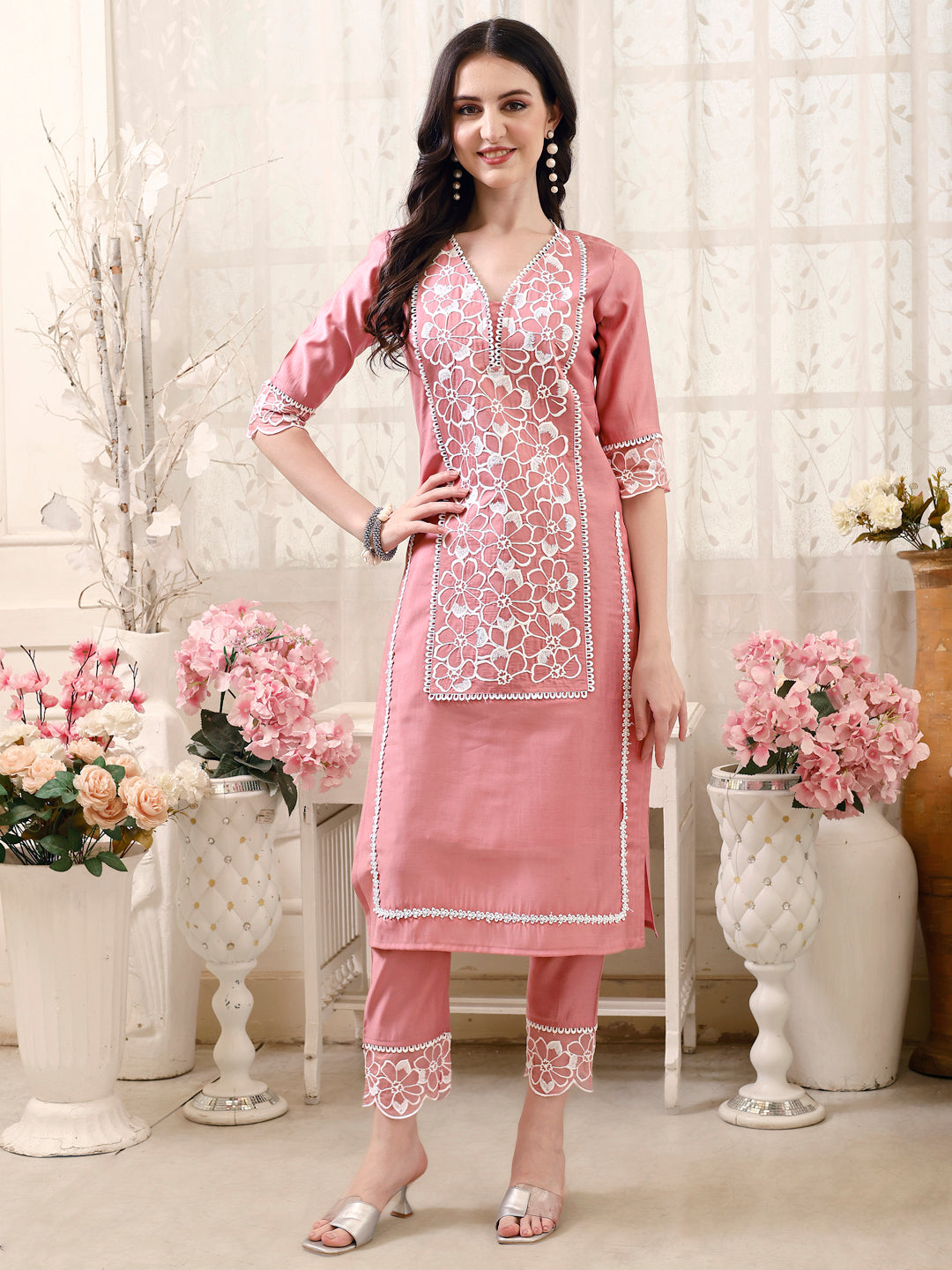 Pakistani Embroidered Kurta With Pant & Embroidered Dupatta, Peach - Hiral Fashion