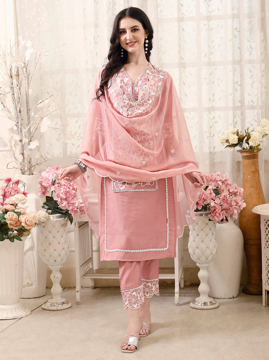 Pakistani Embroidered Kurta With Pant & Embroidered Dupatta, Peach - Hiral Fashion