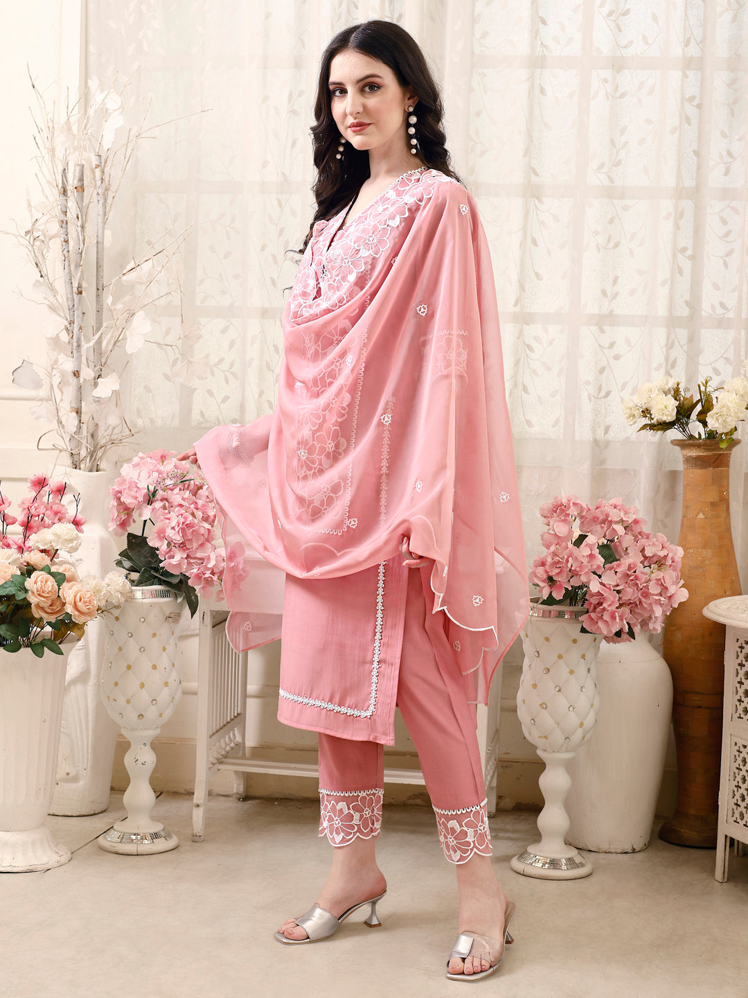 Pakistani Embroidered Kurta With Pant & Embroidered Dupatta, Peach - Hiral Fashion