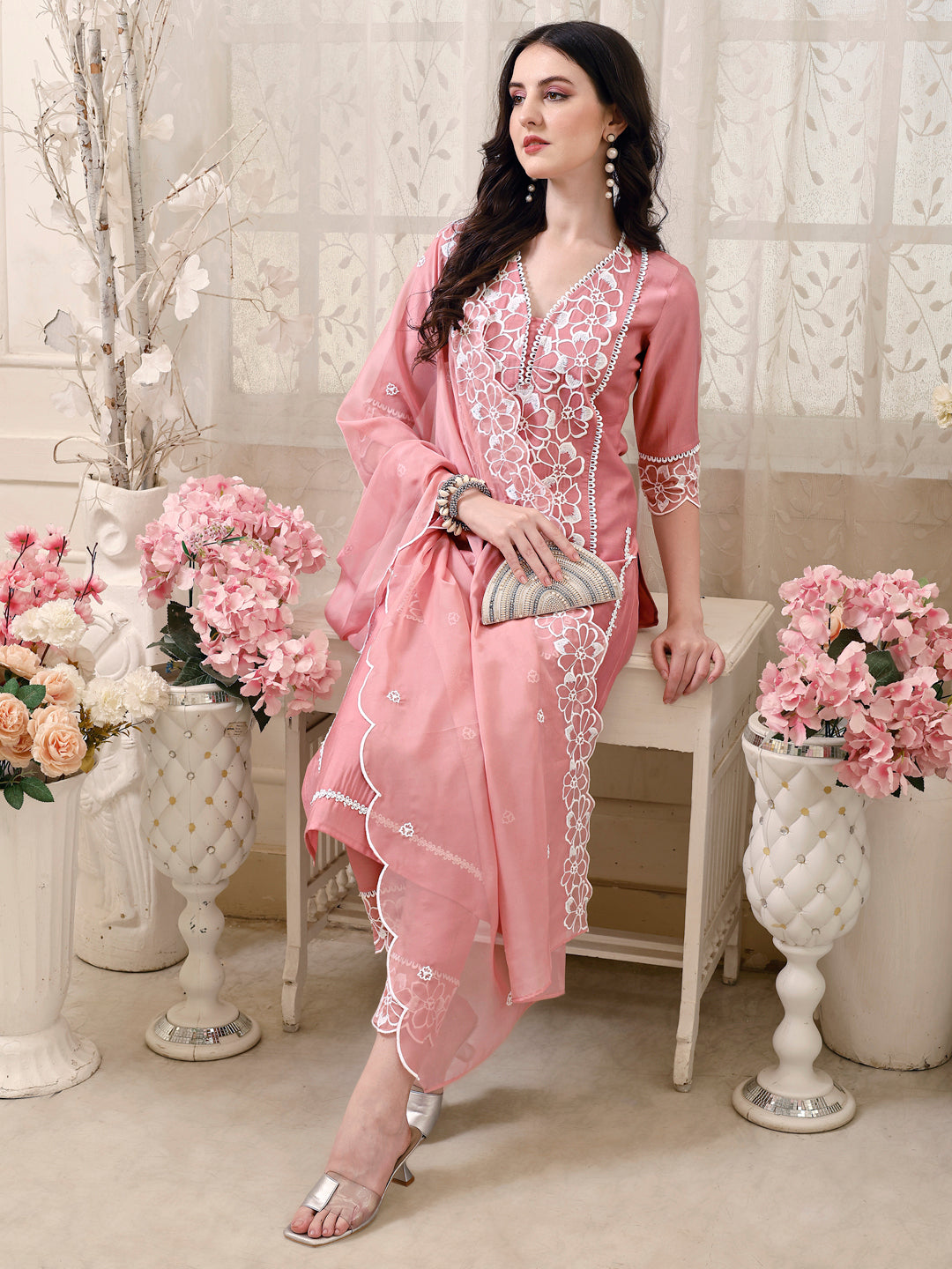 Pakistani Embroidered Kurta With Pant & Embroidered Dupatta, Peach - Hiral Fashion
