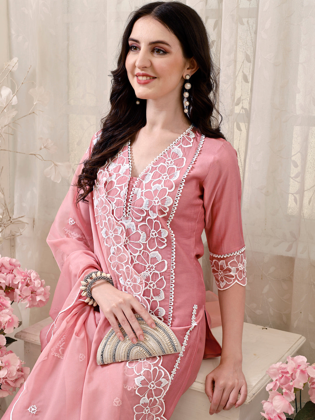 Pakistani Embroidered Kurta With Pant & Embroidered Dupatta, Peach - Hiral Fashion