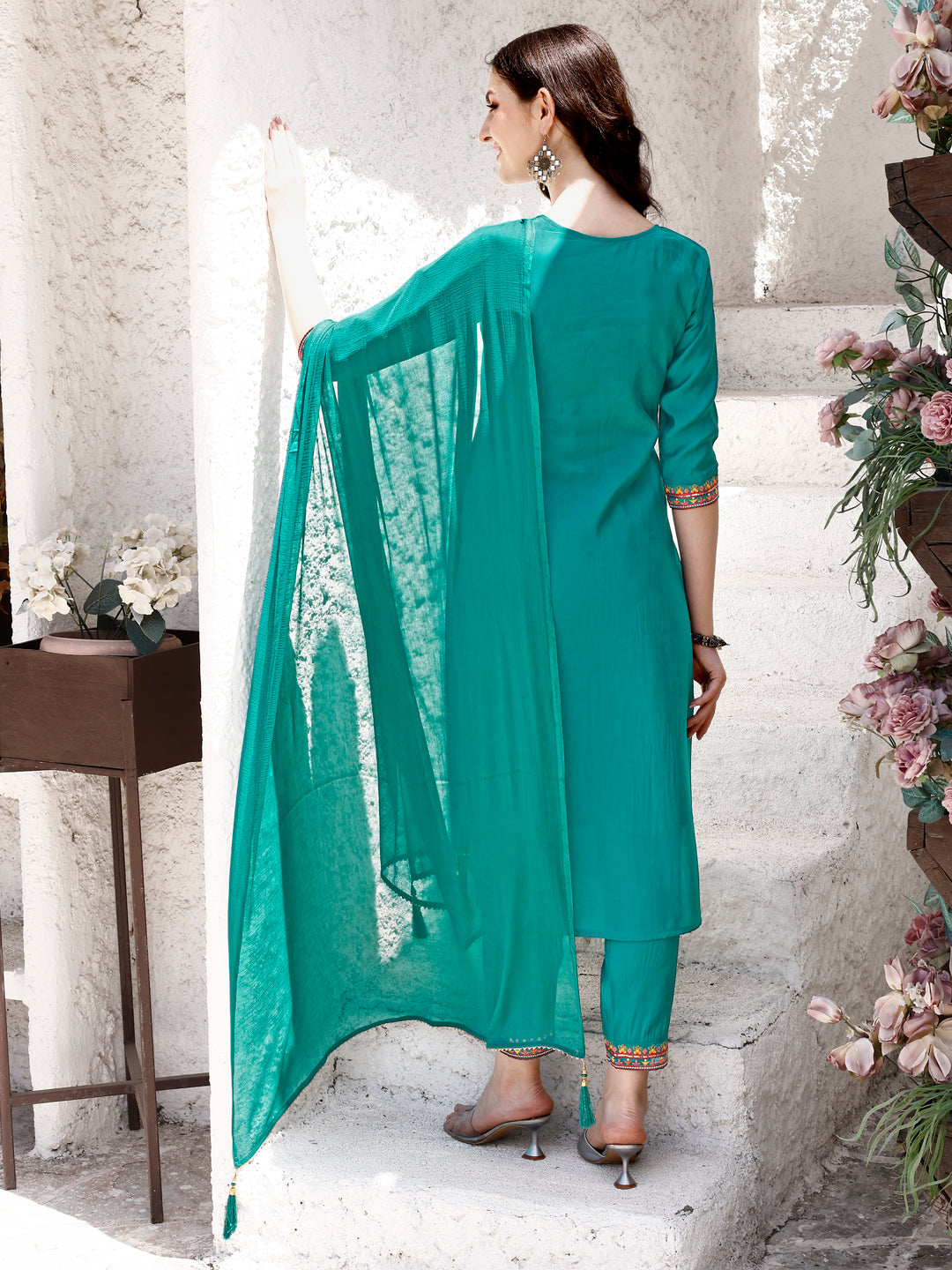 Embroidered Kurta With Pant & Dupatta, Green - Hiral Fashion
