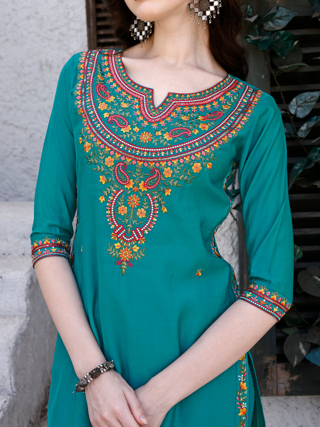 Embroidered Kurta With Pant & Dupatta, Green - Hiral Fashion