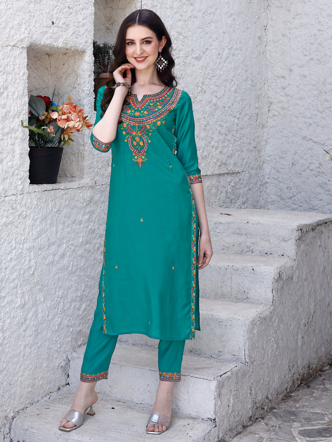 Embroidered Kurta With Pant & Dupatta, Green - Hiral Fashion