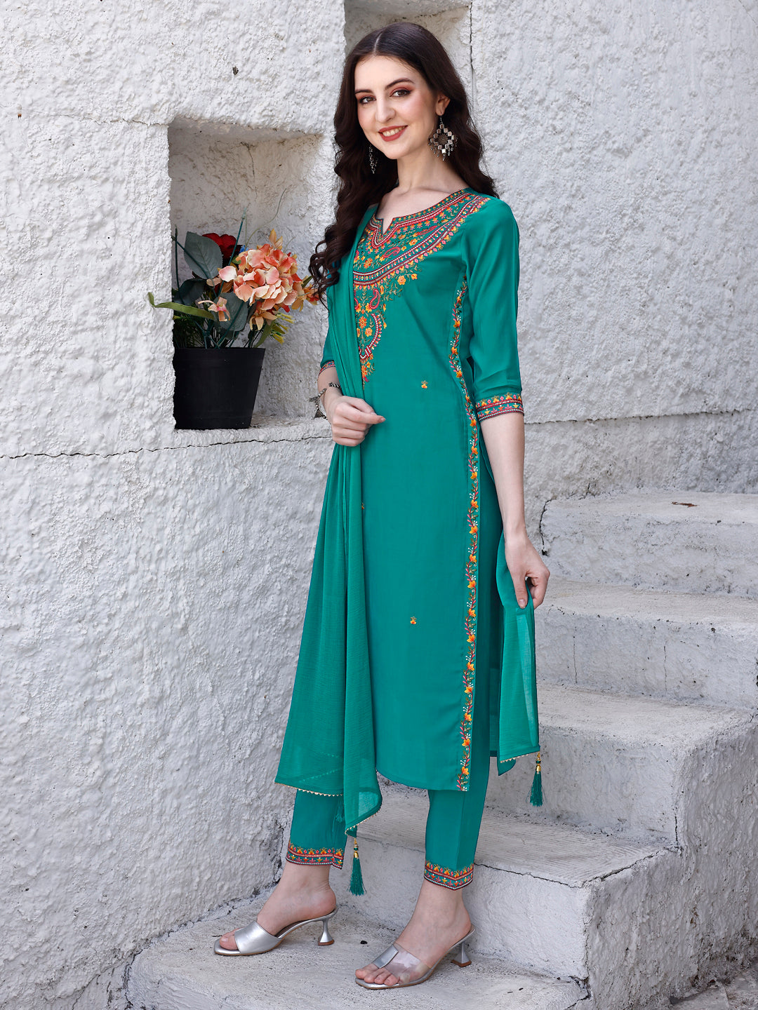 Embroidered Kurta With Pant & Dupatta, Green - Hiral Fashion